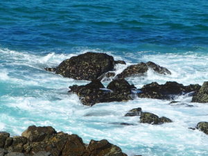 The rocks at Hastings Point Lookout with the surf foaming around them
